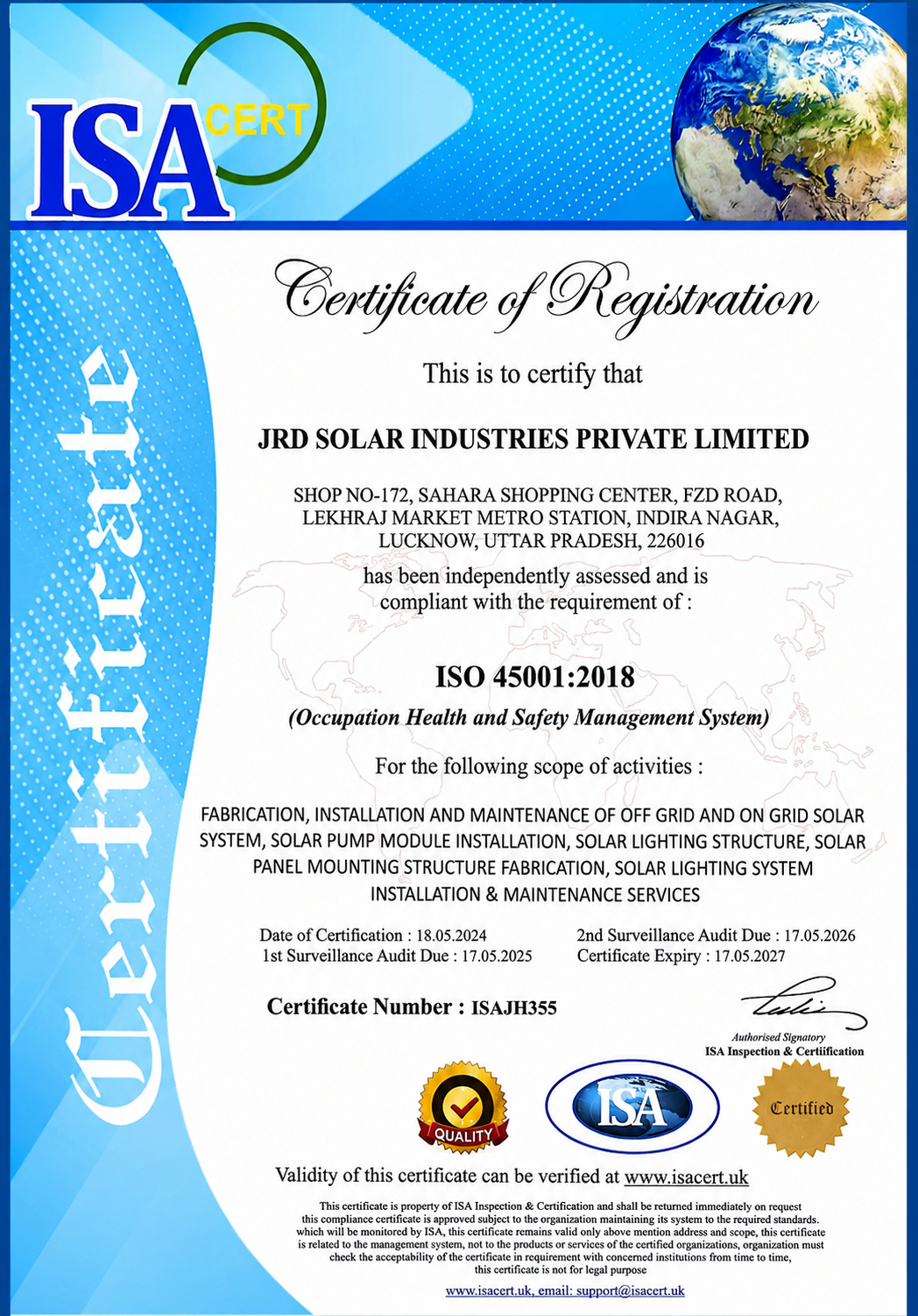 JRD Solar Industries Private Limited ISO 45001:2018 Certificate