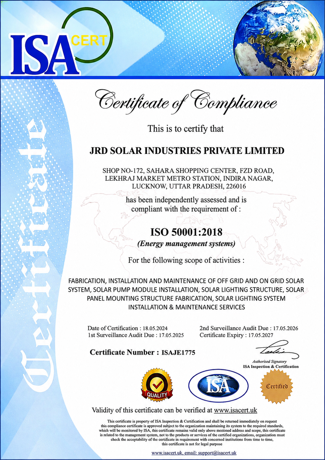 JRD Solar Industries Private Limited ISO 50001:2018 Certificate