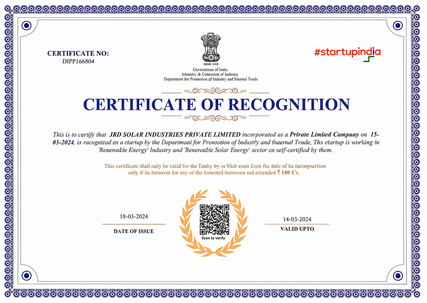 JRD Solar Industries Private Limited Certificate of Recognition